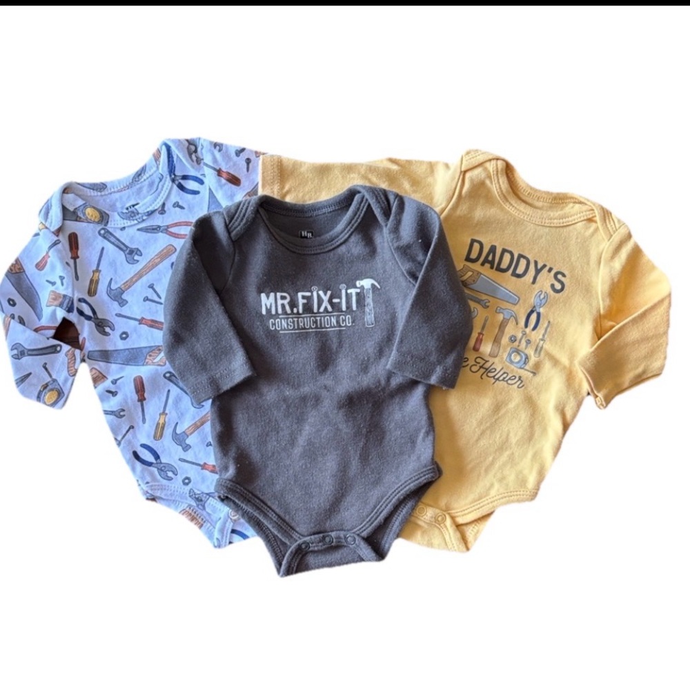 HB Baby Bodysuit Set - Blue, Gray, Yellow - Tools & Fix It - Newborn - Set of 3